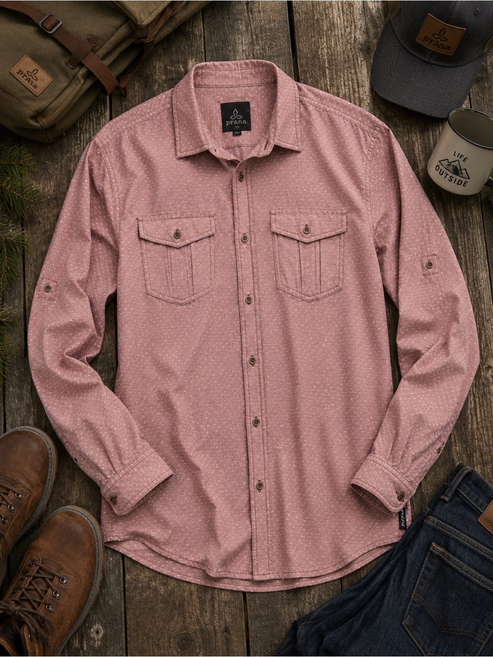 Prana Men’s Button Down Shirt Medium Pink Beige Geometric Print Casual‎ Outdoor